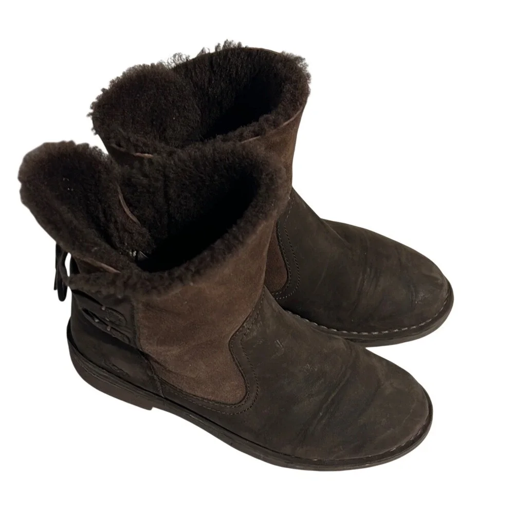 UGG Brown‎ Leather Suede Shearling Back Tie Mid Calf Boots Womens 7 1005430